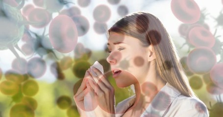 Woman suffering from sneezing and bacteria infection cells 4k - Powered by Adobe