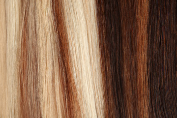 Strands of different color hair as background, closeup