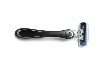 Modern razor isolated on white, top view. Shaving accessories for men