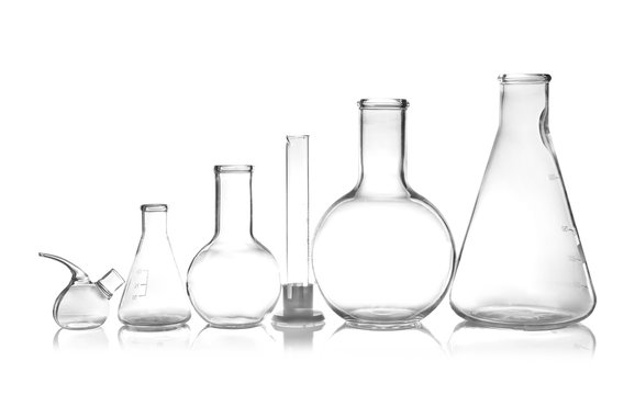 Empty laboratory glassware on table. Chemical analysis