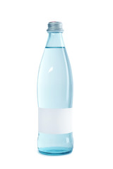 Glass bottle of pure water with blank tag on white background