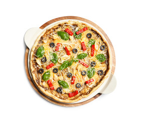 Wooden board with delicious homemade pizza on white background, top view