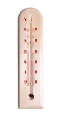 Weather thermometer on white background, top view