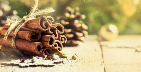 New Year or Christmas composition with spices for making hot winter drink, cinnamon, cardamom,...