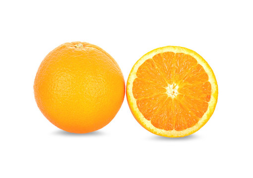 whole and half cut fresh Navel orange on white background