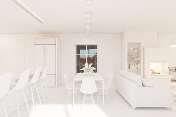 3d illustration kitchen interior design in white color