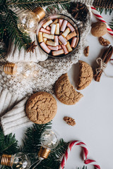 Winter hot drink. Chocolate or cocoa with marshmallow, cookies, candy on white background. 
