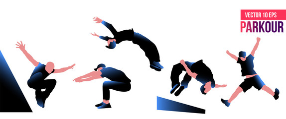 Parkour jump. Silhouettes of people engaged in parkour. Jumping sport. Vector eps 10. 