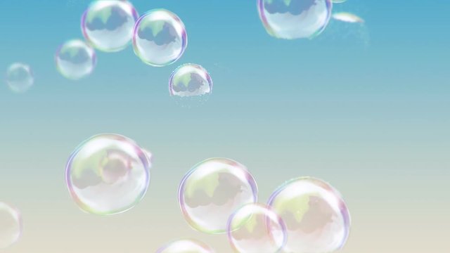 Animation flying of soap bubbles on colorful background. Animation of seamless loop.