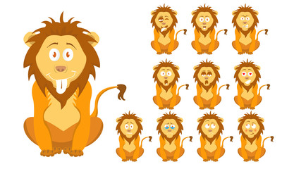 Vector illustration set of cute and funny cartoon little brown wild lion with facial Expressions
