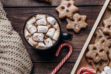 Traditional warming beverage. Hot chocolate with melting marshmallows, sweets and knitted blanket. Winter holidays, home atmosphere, relax, cosiness