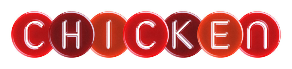 chicken - text cut through multi-colored round translucent overlapping candies on white background