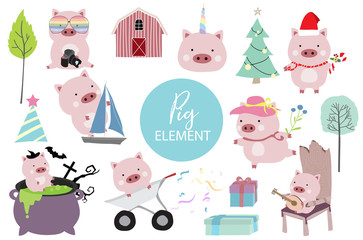 Pink hand drawn pig element with ship, pig in halloween,hat,christmas tree and rainbow glasses