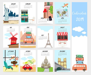 Obraz premium Cute monthly calendar 2019 with travel,vacation,van,air plane and Eiffel tower in france for children.Can be used for web,banner,poster,label and printable