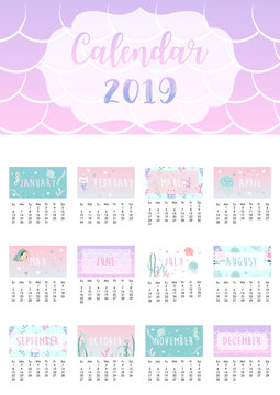 Cute rainbow monthly calendar 2019 with mermaid,caticorn,squid,coral and sea horse.Can be used for web,banner,poster,label and printable