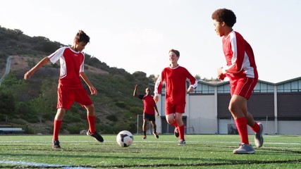 Group Of Male High School Students With Coach Playing In Soccer Team