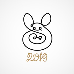 Pig head drawn one single continuous unexpanded line. 2019 new year