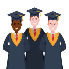 three graduate men in graduation robe