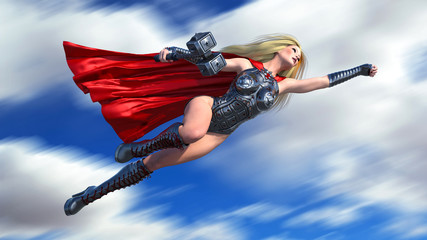 Nordic heroine woman with hammer flying over, Norse mythology superhero girl, ancient warrior princess, 3D rendering