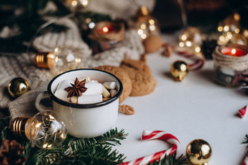 Winter hot drink. Chocolate or cocoa with marshmallow, cookies, candy on white background. 