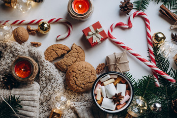 Winter hot drink. Chocolate or cocoa with marshmallow, cookies, candy on white background. 