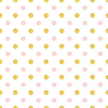 Gold glitter and pink polka dots seamless pattern. 