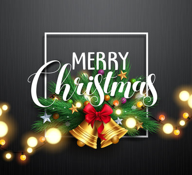Merry christmas greeting typography and christmas wreath with gold bells and bright blurred christmas lights in black textured background. Vector illustration.
