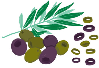Vector painterly black and green oilves; editable, scalable illustration.