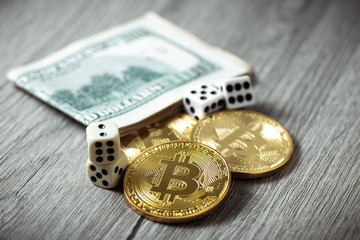 Bitcoins, dollars and dices. Cryptocurrencie gambling concept
