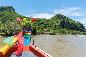Fishing Boat on Khao Dang Canal and Rock or Stone Mountain at Prachuap Khiri Khan Thailand 5