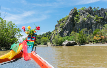 Fishing Boat on Khao Dang Canal and Rock or Stone Mountain at Prachuap Khiri Khan Thailand 9