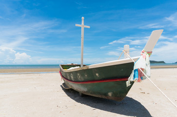 Fishing Boat and Blue Sky on Sam Roi Yod Beach Prachuap Khiri Khan Thailand Right Frame 2