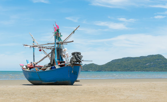 Blue Fishing Boat on Sam Roi Yod Beach Prachuap Khiri Khan Thailand Close Up