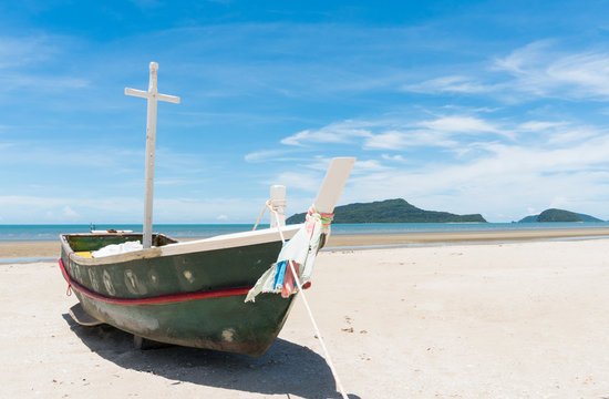Fishing Boat and Blue Sky on Sam Roi Yod Beach Prachuap Khiri Khan Thailand 2