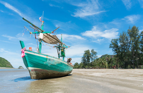 Green Fishing Boat at Sam Roi Yod Beach Prachuap Khiri Khan Thailand Left