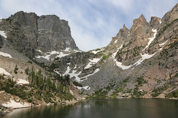 Fototapeta na wymiar Emerald Lake with the Hallett Peak on the horizon, shot in Rocky Mountain National Park, Colorado.