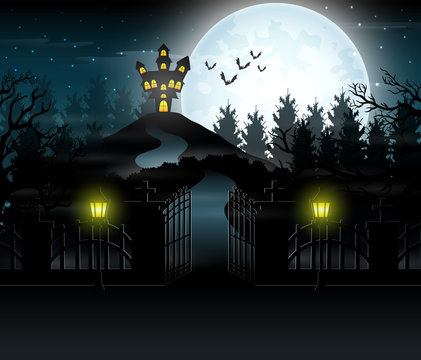 View of a haunted house with a background of full moon