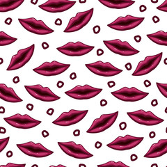 Seamless pattern purple lips on white background