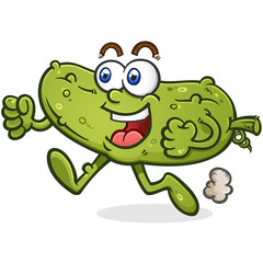 A happy smiling green pickle cartoon mascot on a brisk jog