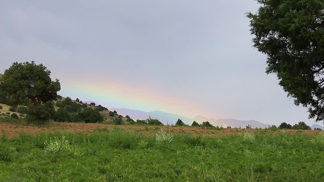 After a rainy evening, before the sunset, The rainbow appeared on the horizon.