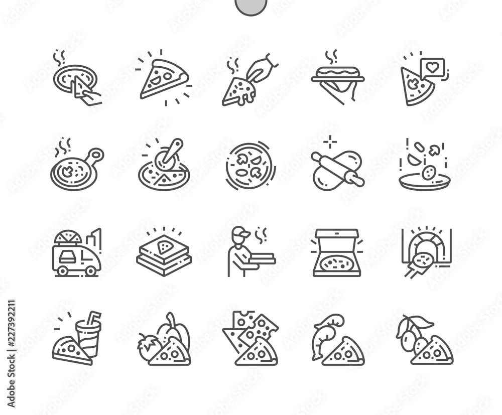 Poster pizza well-crafted pixel perfect vector thin line icons 30 2x grid for web graphics and apps. simple