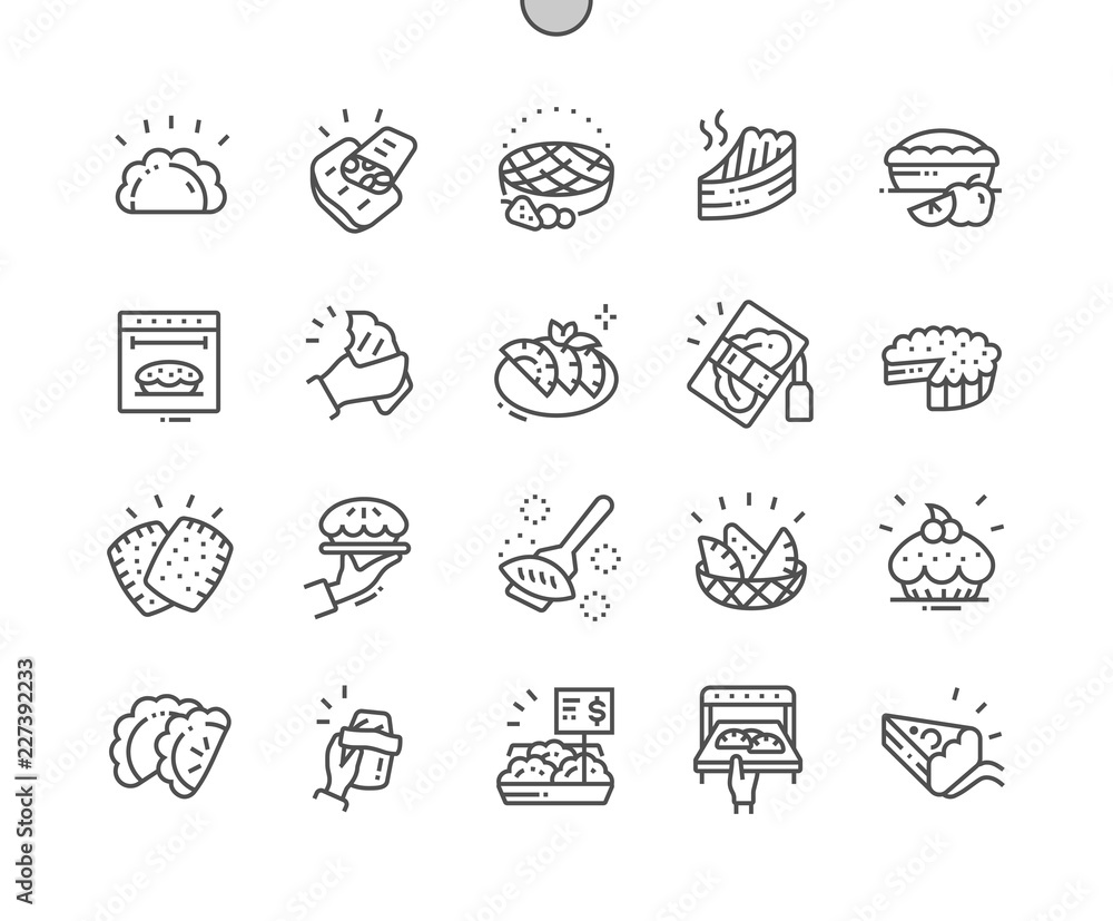 Poster pies and pasties well-crafted pixel perfect vector thin line icons 30 2x grid for web graphics and a