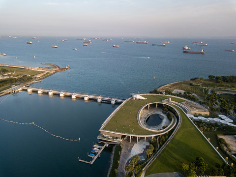 The Marina Barrage in Singapore city aerial view 