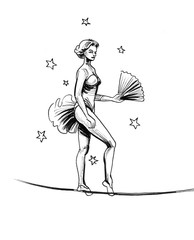 Beautiful female acrobat with fan on the tight robe