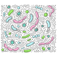 Probiotics vector illustration doodles. Bacteria cells frame banner.