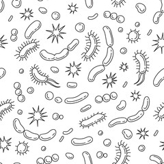 Probiotics vector illustration doodles. Drawing of bacteria. Seamless pattern