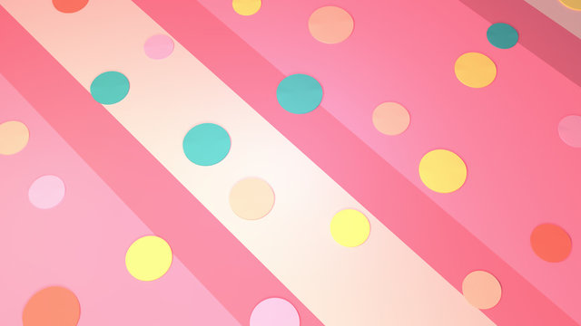 Colorful dots on pink stripes background. 3d rendering picture.