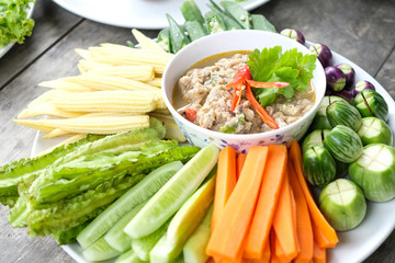 Thai food, Fried mackerel with shrimp paste sauce and vegetable.