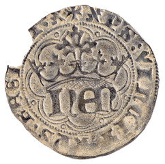 Ancient medieval silver coin of the King Enrique IV. Half real. Coined in Burgos. Spain. Obverse.