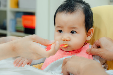 feeding 6 months asian baby girl on high chair. mom feeds blend food to her daughter.Traditional Weaning